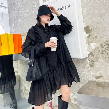 Women A Line Dress Women 2020 Spring Korean Fashion Bow Neck Full Sleeve Loose Mini Dress Party Female Black Mesh Dress LT811S30 
Women A Line Dress Women 2020 Spring Korean Fashion Bow Neck Full Sleeve Loose Mini Dress Party Female Black Mesh Dress LT811S30