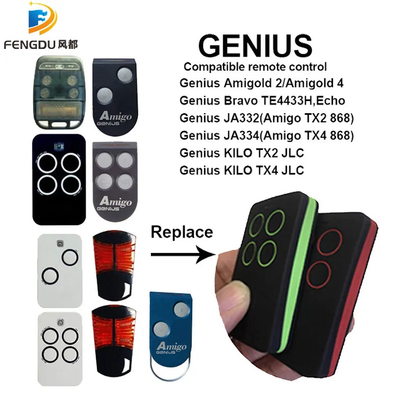GENIUS 4 channels universal remote control compatible GENIUS Amigo TX2 868,KILO TX2 JLC,Amigold 4,Genius JA334 868MHZ remotes
GENIUS 4 channels universal remote control compatible GENIUS Amigo TX2 868,KILO TX2 JLC,Amigold 4,Genius JA334 868MHZ remotes