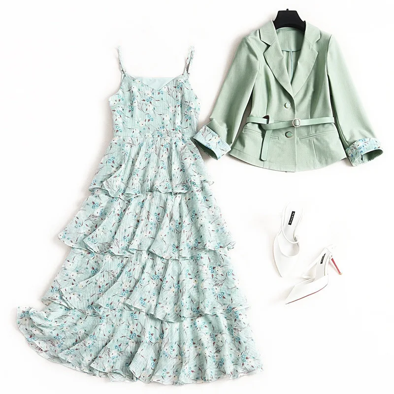 Dress Suit Skirt 2020 Spring Floral Chiffon Cake Spaghetti Strap Dress and Blazers Two Piece Set High Quality Women's Clothing
Dress Suit Skirt 2020 Spring Floral Chiffon Cake Spaghetti Strap Dress and Blazers Two Piece Set High Quality Women's Clothing