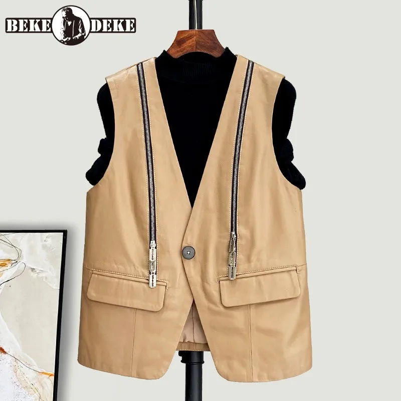

Genuine Leather Vest Women V-Neck Slim Single Button Waistcoat Designer Zipper Office Lady Sheepskin Sleeveless Jackets M-3XL