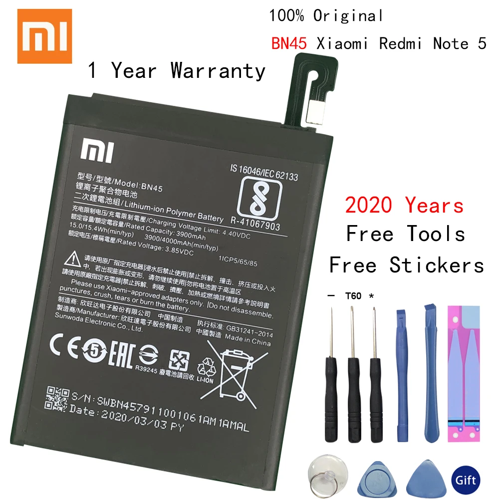 100% XIAOMI Original 3900 / 4000mAh BN45 Battery for Xiaomi Redmi Note 5 Batterie Hongmi Note 5 Bateria Batterij Battery +Tools
100% XIAOMI Original 3900 / 4000mAh BN45 Battery for Xiaomi Redmi Note 5 Batterie Hongmi Note 5 Bateria Batterij Battery +Tools