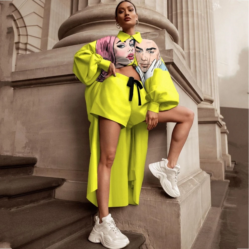Street Fashion Women Long Shirt Sets Cartoon Print JKP4725
