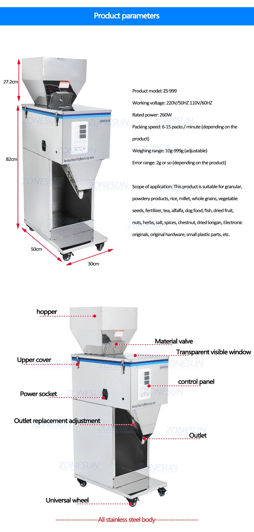 ZONESUN ZS-999 Granular Powder Racking Machine  Weighing Filling Machine 10-999g