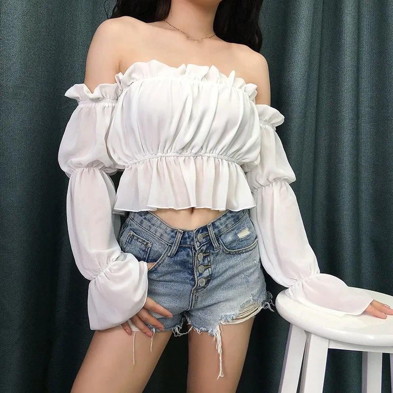 2019 Women Solid Ruffles Mesh T Shirt Lantern Sleeve Slash Neck Crop Top Short Ladies Backless Chiffon Tees
2019 Women Solid Ruffles Mesh T Shirt Lantern Sleeve Slash Neck Crop Top Short Ladies Backless Chiffon Tees