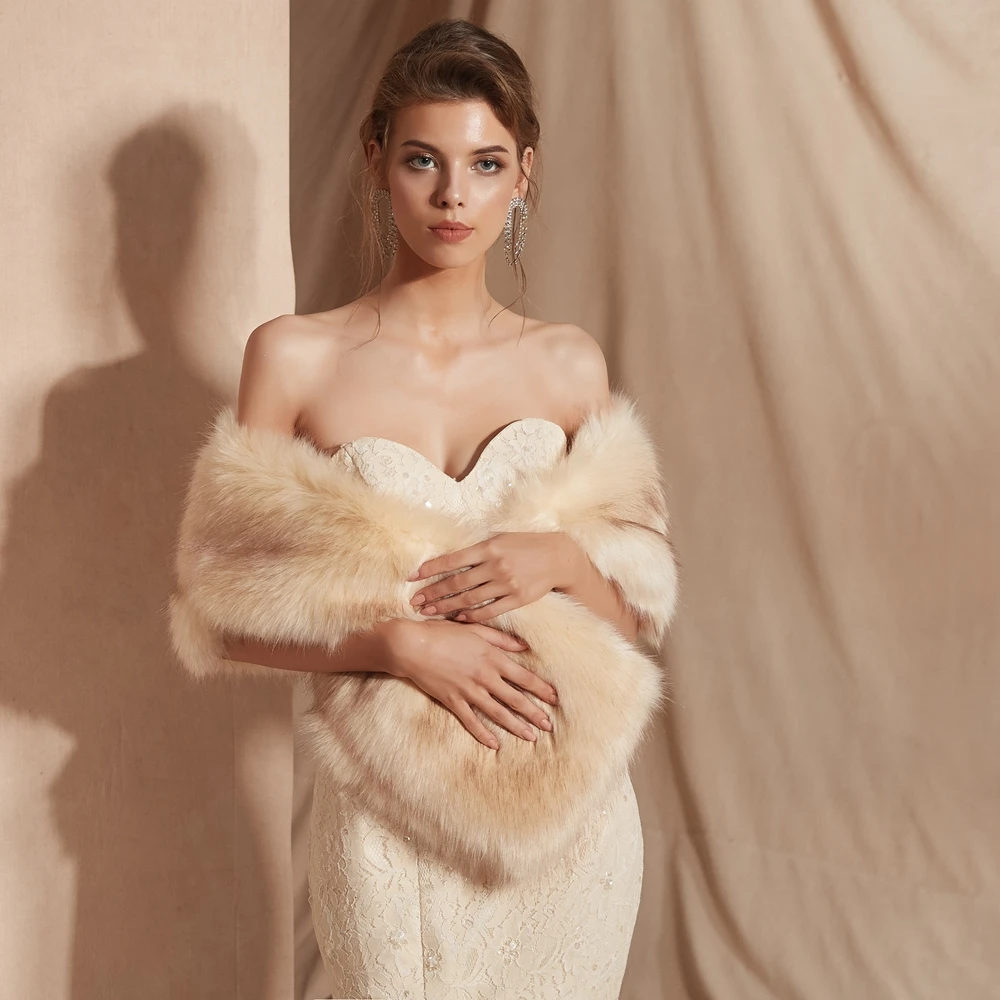 

2019 Women Fur Capes Champagne Wedding Bolero Faux Fur Stole Bridal Jacket Formal Party Shrug Walk Beside You Cape De Mariage