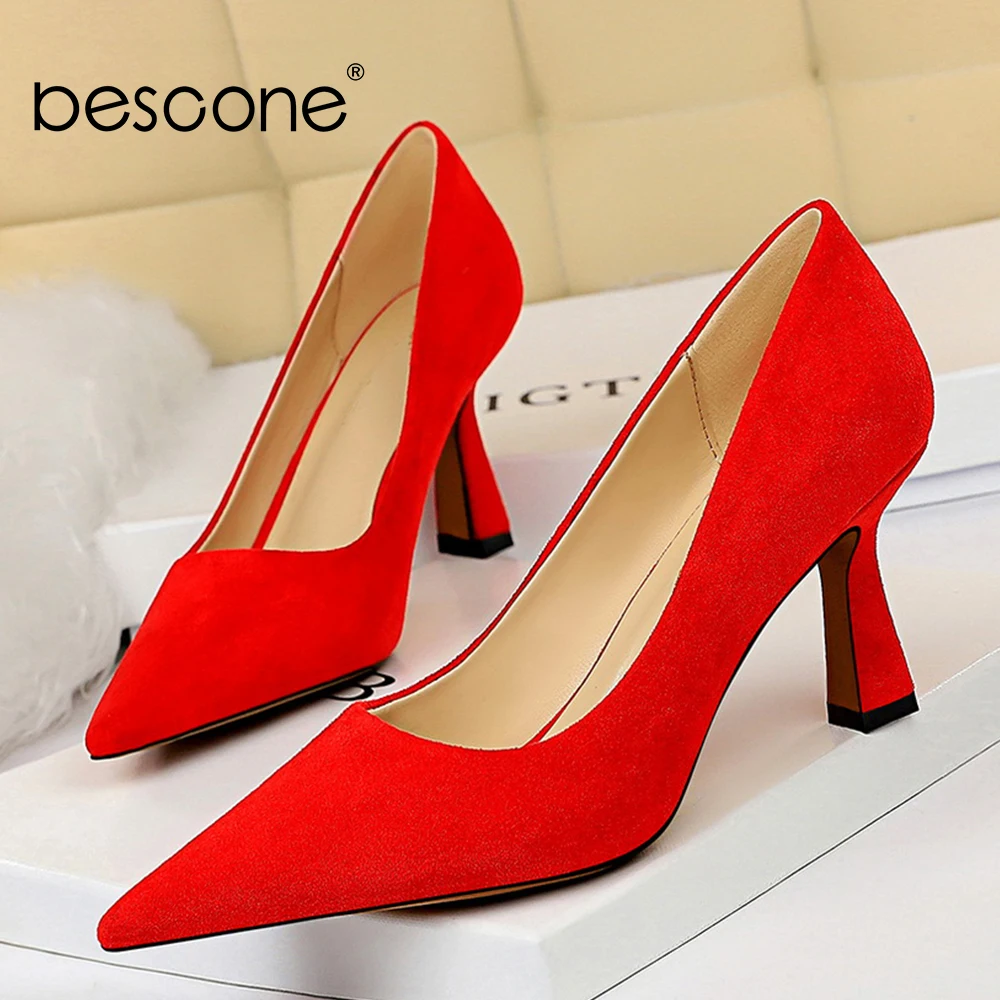 

BESCONE New Concise Women Pumps Solid Pointed Toe Shallow High Heels Mature Office Women Shoes Elegant Career Pumps BM460