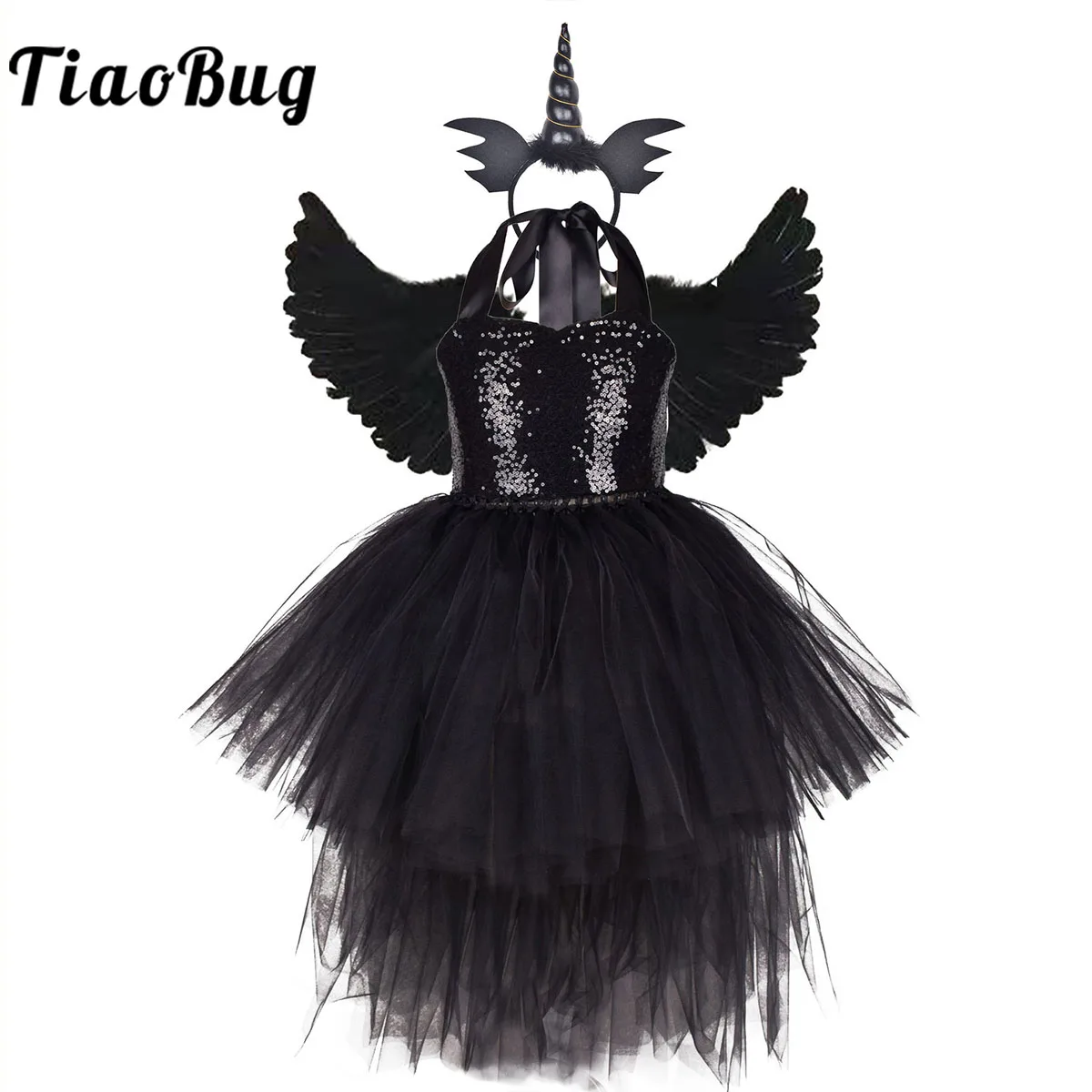 

Halloween Costume Dress Girls Fancy Black Glam Gown Tutu Dress Kids Devil Demon Queen Witch Clothes Carnival Cosplay Outfits