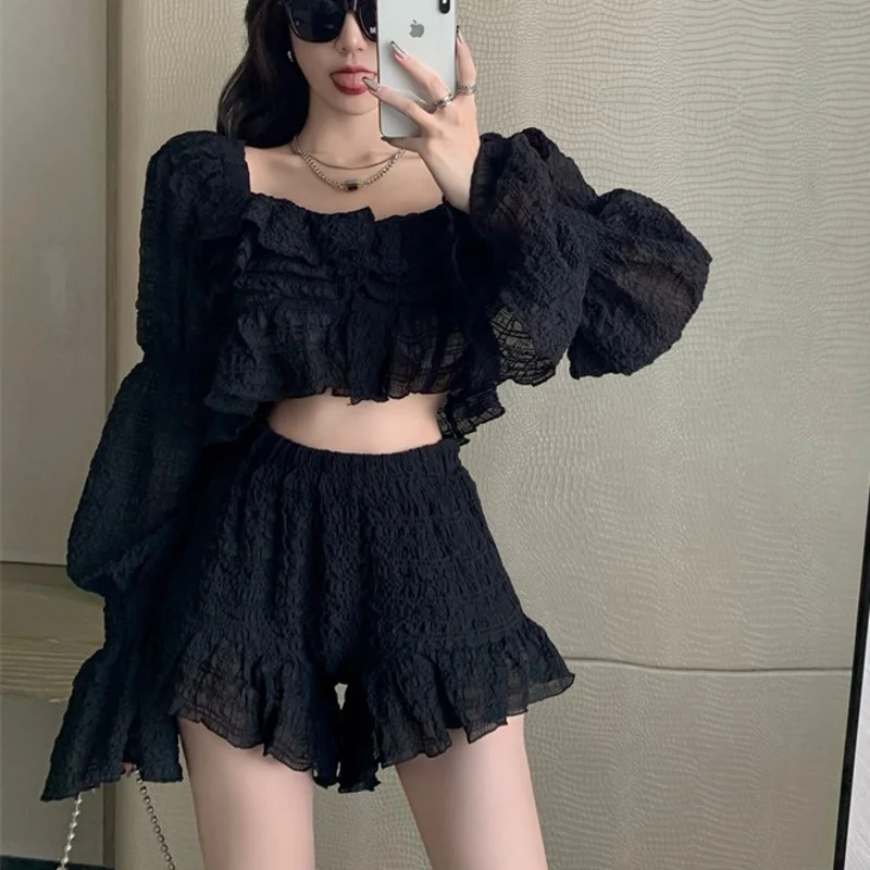 Women Outfits Sweet Tops Flare Sleeve Short Shirt Blouse Elastic Waist Ruffles Suits Pants Two Piece Sets Female
Women Outfits Sweet Tops Flare Sleeve Short Shirt Blouse Elastic Waist Ruffles Suits Pants Two Piece Sets Female
