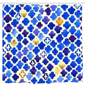 

Rustic Watercolor Moroccan in Royal Blue & Gold Shower Curtain, Details Artistic Picture, Cloth Fabric Bathroom Decor Set with