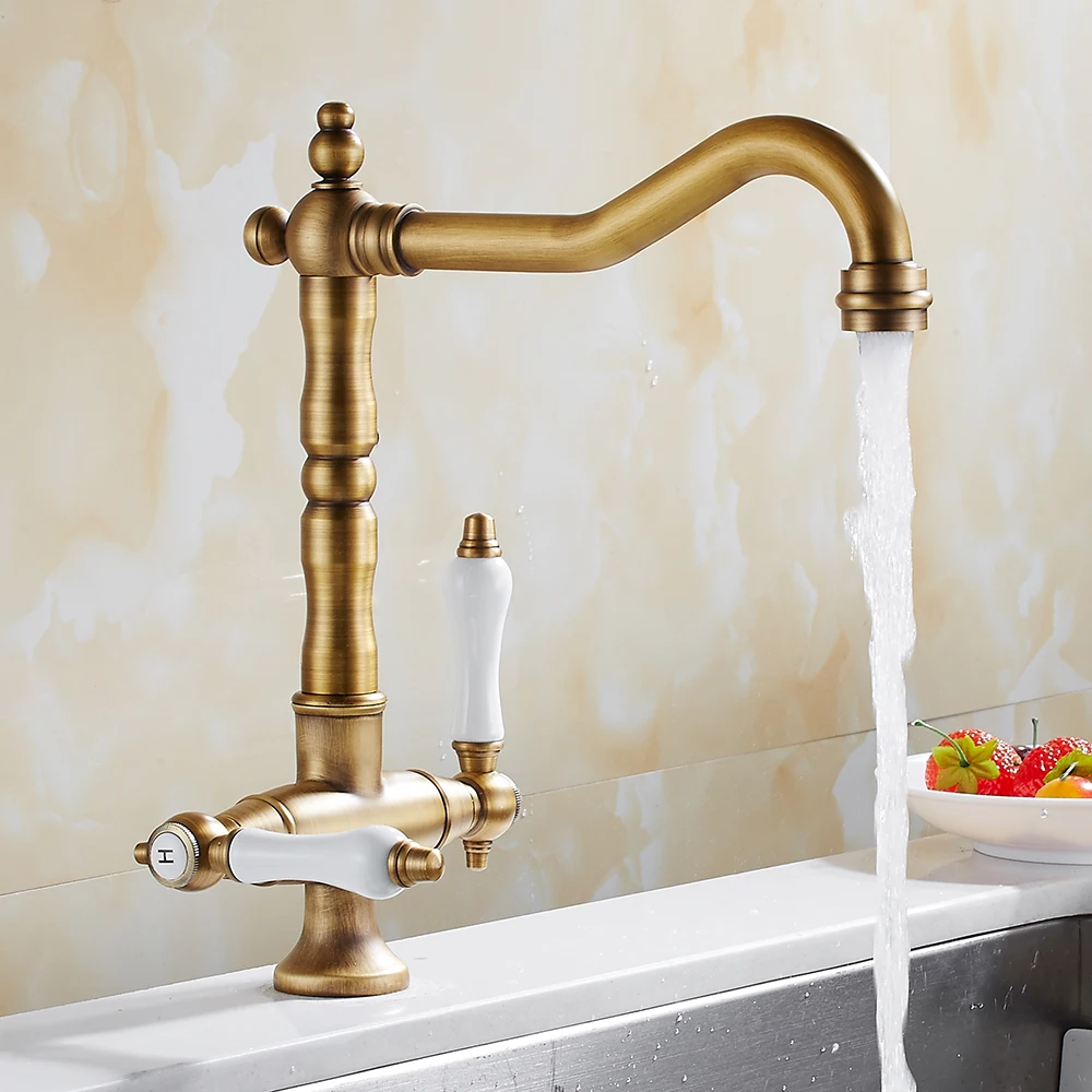 360 Swivel Kitchen Faucet Antique Brass Dual Porcelain Traditional Kitchen Sink Mixer Taps Twin Lever Solid Brass Basin Kitchen Faucets Aliexpress