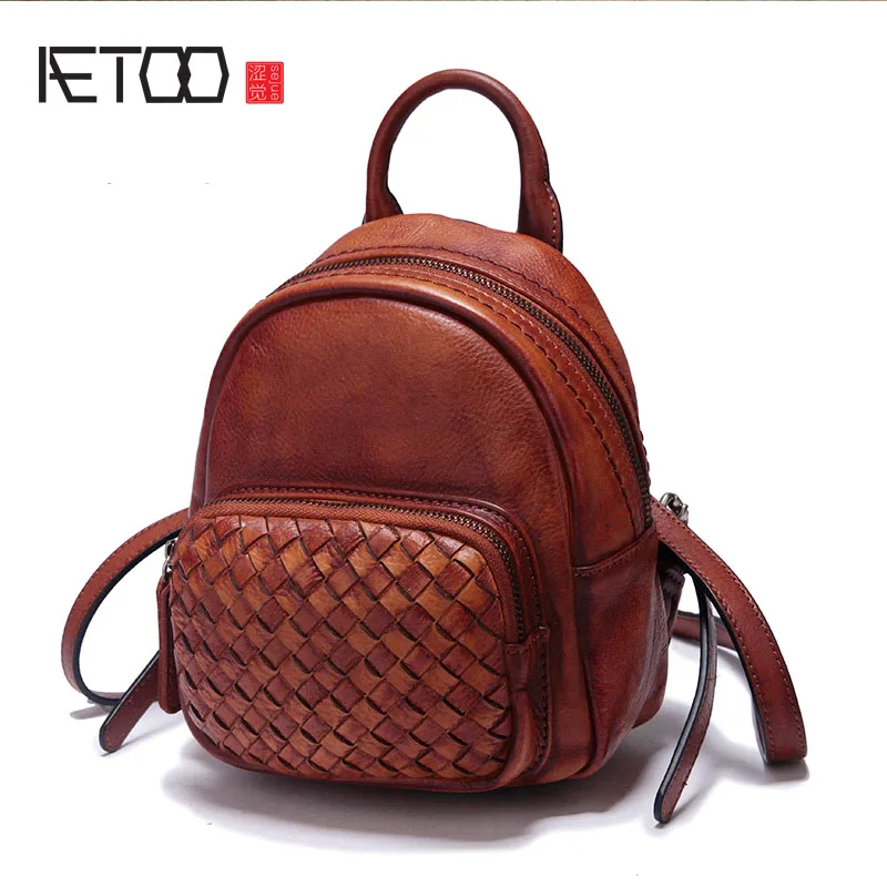 BJYL New leather mini-shoulder hand-woven cowhide retro color small backpack