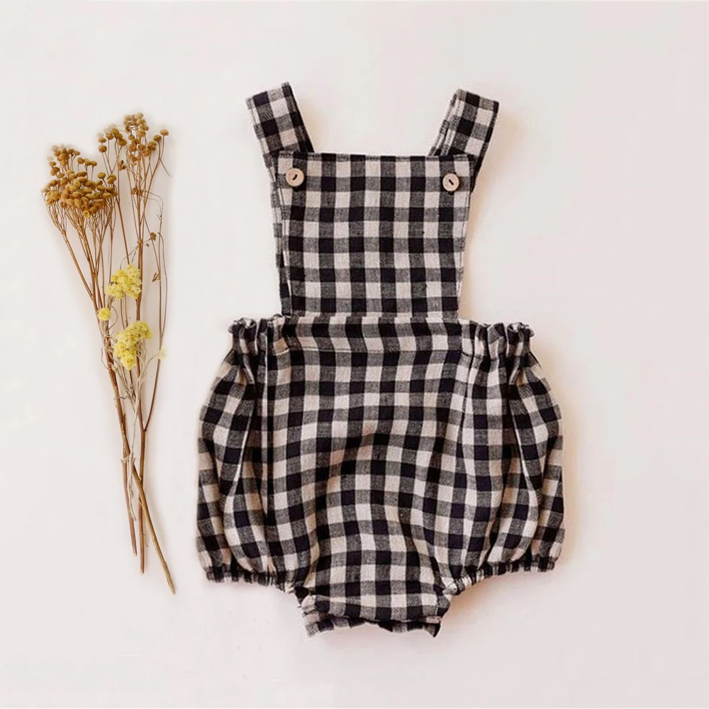 Newborn Baby Boy Girl Romper For 0-2Y Summer Cotton Linen Jumpsuit Plaid Sleeveless Backless Solid Outfits Clothes | Детская одежда и