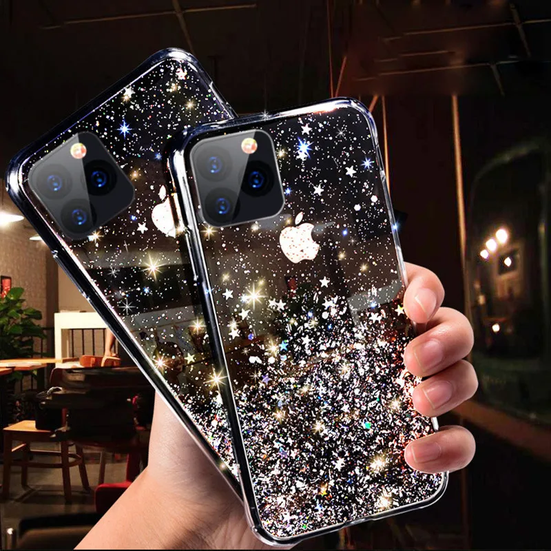 Чехол для iPhone 11 12 Pro Max XR XS X 7 8 6S Plus силиконовый прозрачный с блестками | Мобильные