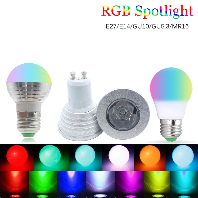E27 E14 GU10 LED 16 Color Changing RGB Magic Led Bulb 5W 85-265V RGB Led Lamp Spotlight + IR Remote Control LED Bulbs For Home
E27 E14 GU10 LED 16 Color Changing RGB Magic Led Bulb 5W 85-265V RGB Led Lamp Spotlight + IR Remote Control LED Bulbs For Home