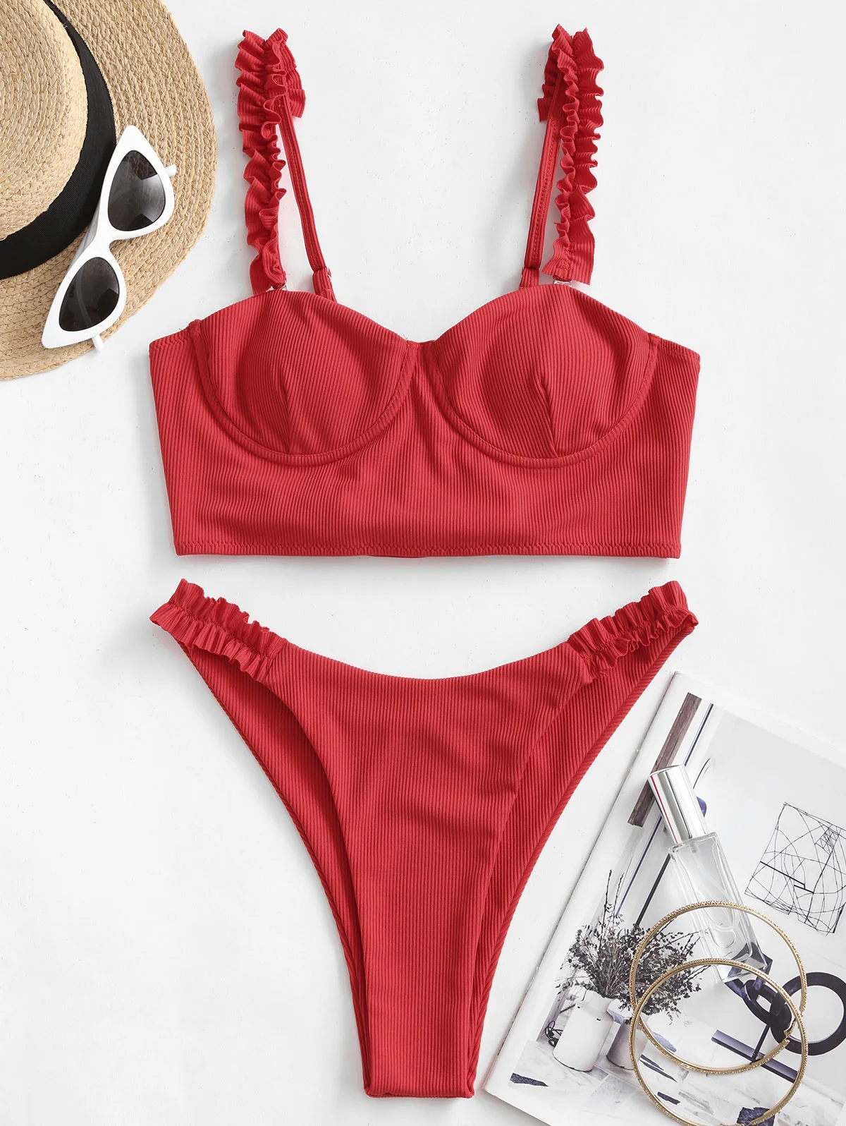 

ZAFUL Bikini Set Ribbed Lace Up Underwire Tankini Swimsuit Women Swimwear Push Up Summer Beach Solid Bathing Suit 2020