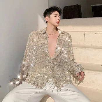 Men See Through Long Sleeve Casual Tassel Sequins Shirt Male Retro Fashion Streetwear Loose Dress Shirts Stage Show Clothing
Men See Through Long Sleeve Casual Tassel Sequins Shirt Male Retro Fashion Streetwear Loose Dress Shirts Stage Show Clothing