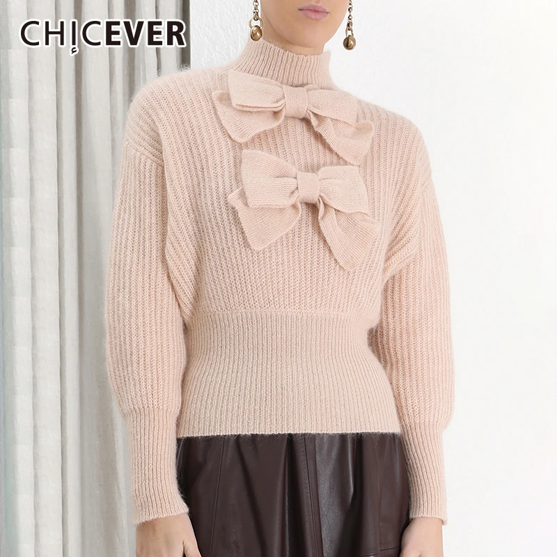 

CHICEVER Pink Bowknots Women's Sweater Turtleneck Lantern Sleeve Loose Casual Knitting Pullover Sweater Female 2019 Autumn New