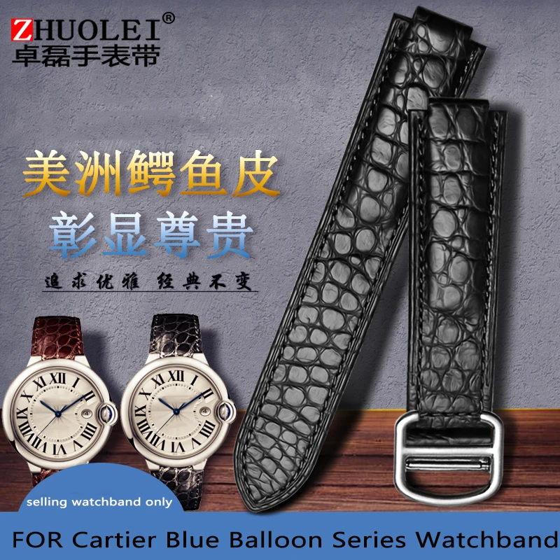 Фото Crocodile dermal convex watchband for Cartier 20*12MM 18*11MM 16*8MM 14*8MM Bracelet butterfly buckle blue balloon wristband | Наручные