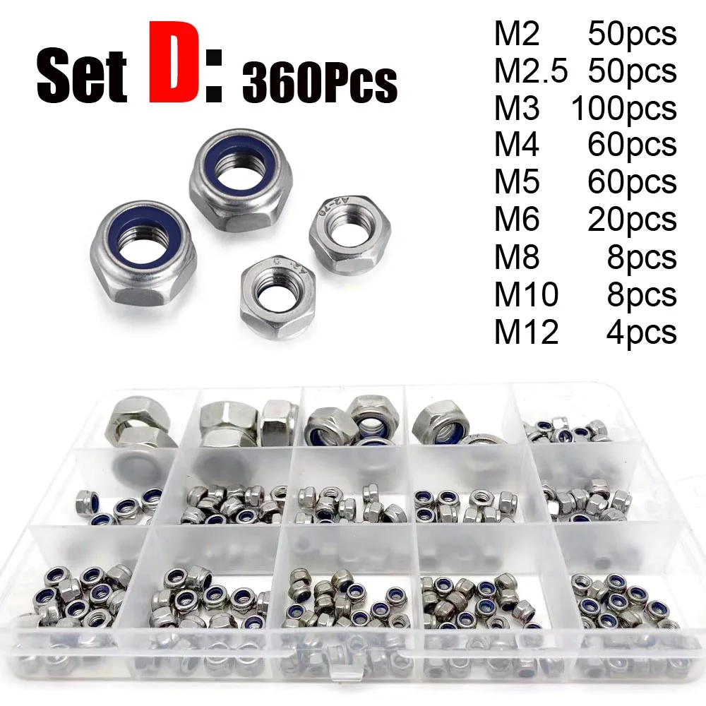 

166/360pcs M2 to M12 DIN985 304 Stainless Black Carbon Steel Hexagon Hex Nylon Insert Lock Self Locking Nut Assortment Kit Set