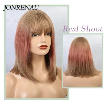 

JONRENAU Short Silky Straight Hair Synthetic Ombre Blonde to Pink Bob Wigs with Bangs Lolita Wig for Women Cosplay Party