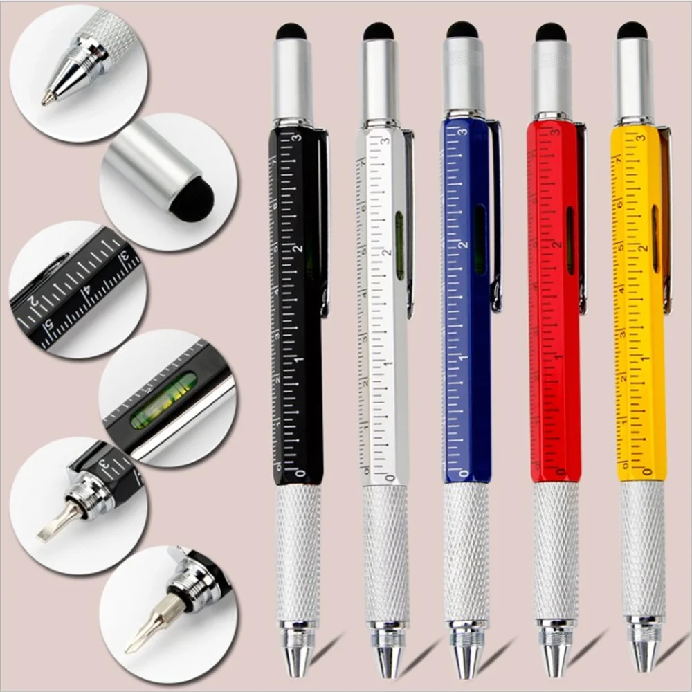 Wielofunkcyjny długopis z piórem, stylusem, płaskim bitem śrubokrętu, czarnym cienkopisem, poziomicą i linijką - Wianko - 2