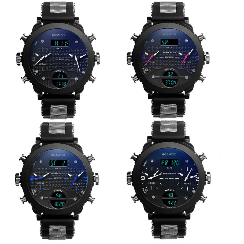 Мужские кварцевые наручные часы BOAMIGO синего цвета военные спортивные с 3 часовыми