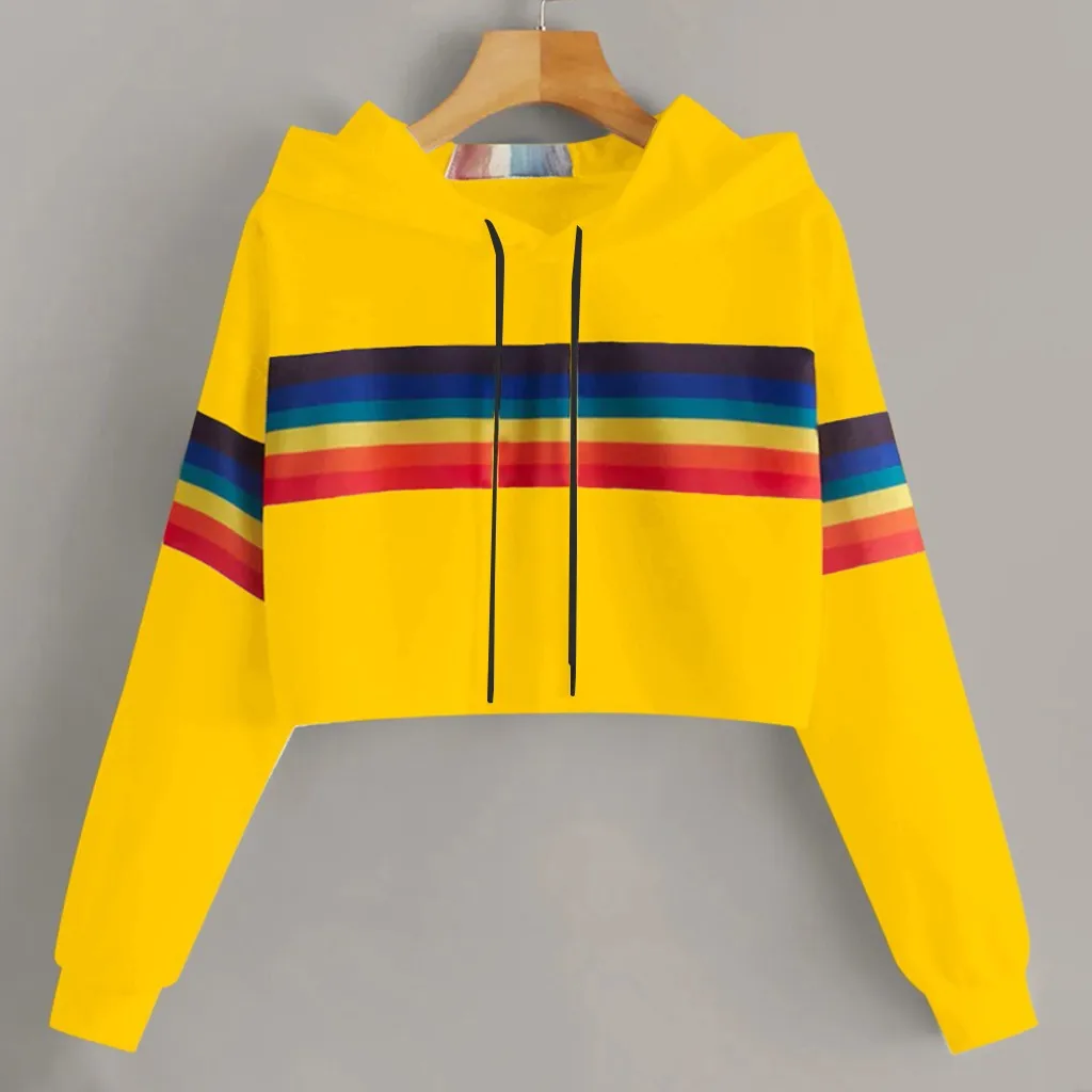 Jaycosin 2019 Fashion Autumn Women Rainbow Stripe Sweatshirt Stylish Long Sleeve Comfortable Female Casual Crop Blouse 930#10