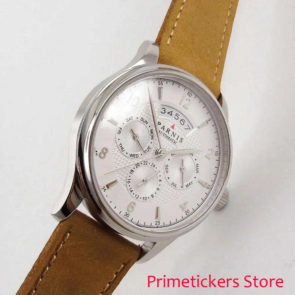 

Silver case 42mm PARNIS month week date display white dial date sapphire glass automatic mens watch