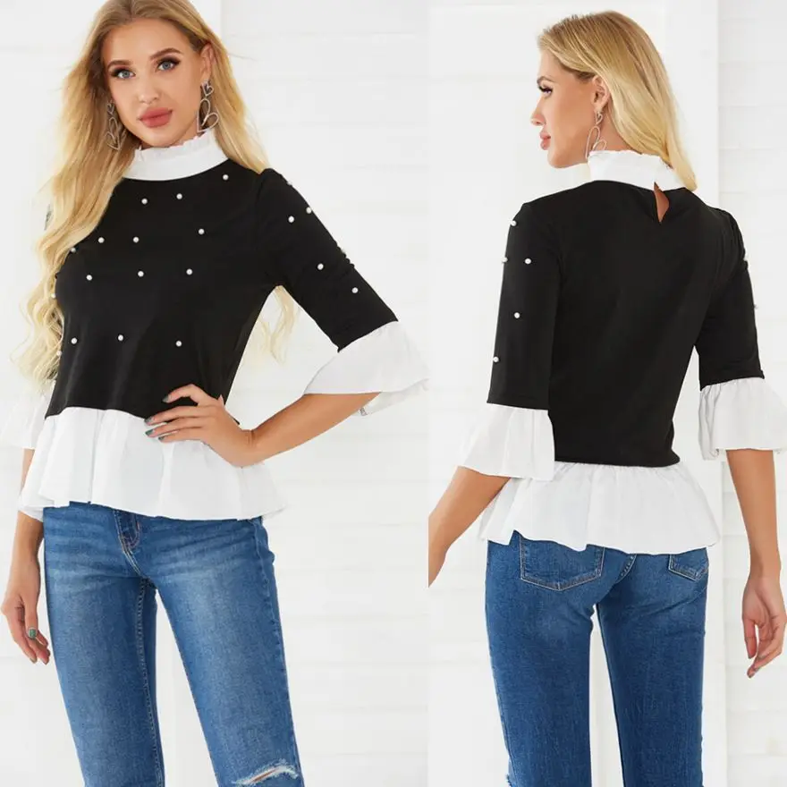Women's Tops 2020 Spring New High-necked Half-sleeve Color-block Beaded Ladies Shirt
Women's Tops 2020 Spring New High-necked Half-sleeve Color-block Beaded Ladies Shirt