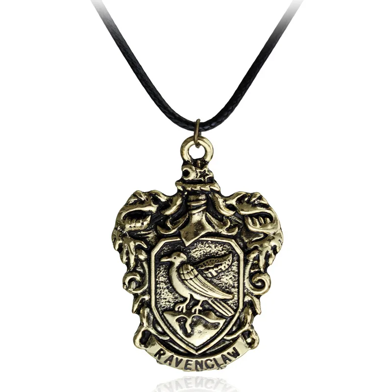 Harri Potter Necklace Toy Figures Hogwart Gryffindorr Hufflepufff Ravenclaww Slytherinn Symbol Metal Leather Strap Neck Gift