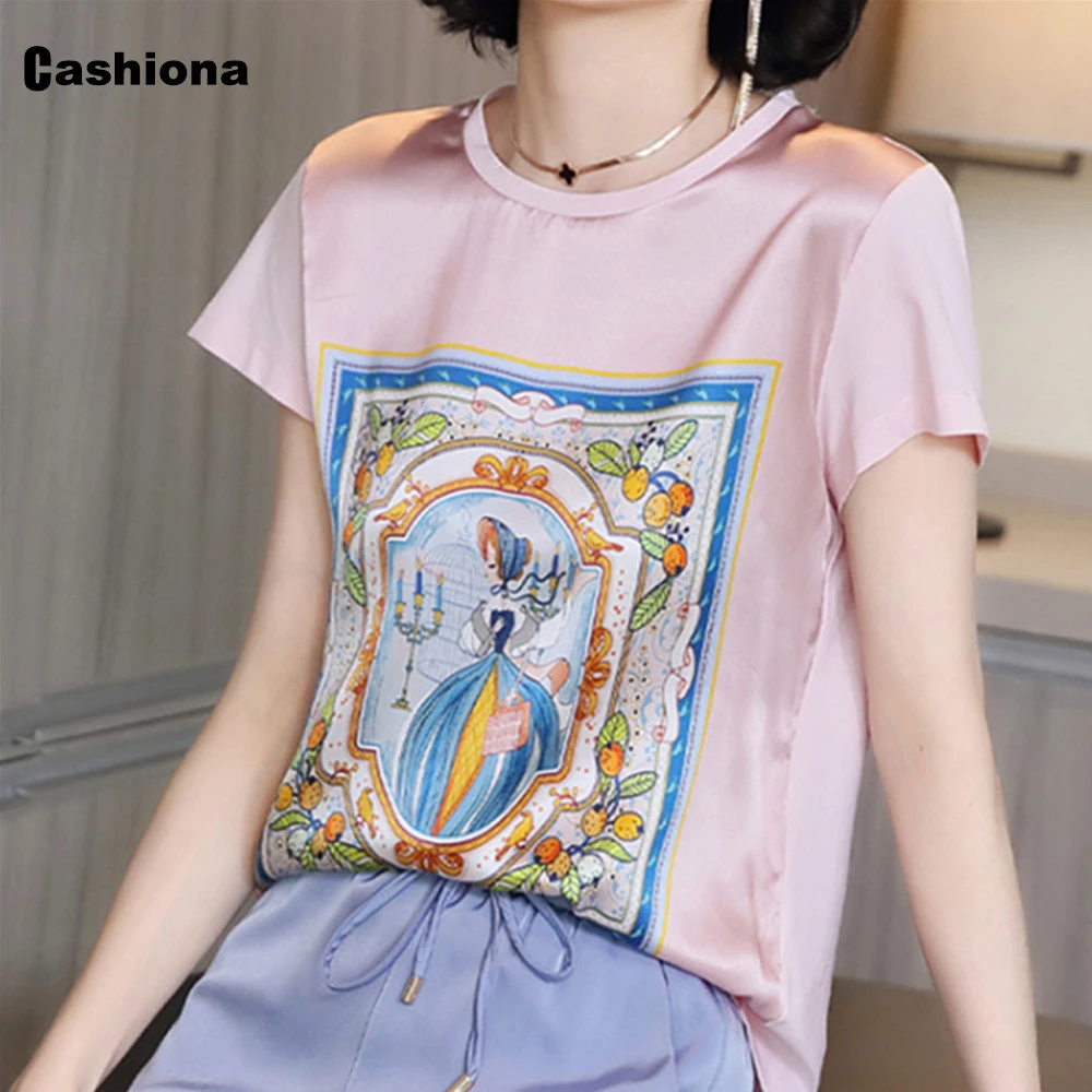 Plus size 3xl Female Top Short Sleeve Ladies Elegant Print Imitation Silk Korean Tshirt 2020 Summer New Women Casual Shirt Femme