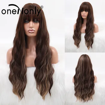

oneNonly Long Synthetic Wigs Ombre Brown with Bang and Hightlight Wigs for White Black Women Glueless Heat Resistant Natural Wig