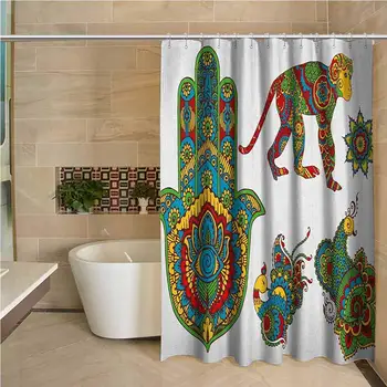 Hamsa Professional Shower Curtain Hand Painted Mehndi Style Figures Monkey Moroccan Star Hamsa Hand and Peacock Birds Decorative 
Hamsa Professional Shower Curtain Hand Painted Mehndi Style Figures Monkey Moroccan Star Hamsa Hand and Peacock Birds Decorative