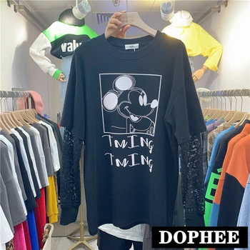 Lace Spliced Sleeve Cartoon Mickey T-shirt Women 2020 Spring New Loose Tops Fake Two-piece Students Oversize Pullover Shirts
Lace Spliced Sleeve Cartoon Mickey T-shirt Women 2020 Spring New Loose Tops Fake Two-piece Students Oversize Pullover Shirts