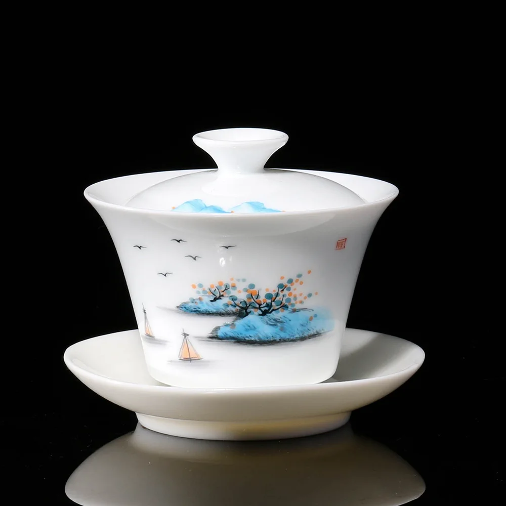 

handpainted gaiwan boutique porcelain tureen thin glaze cup bowl with saucer Sancai bowls coaster lid China Dehua on sales