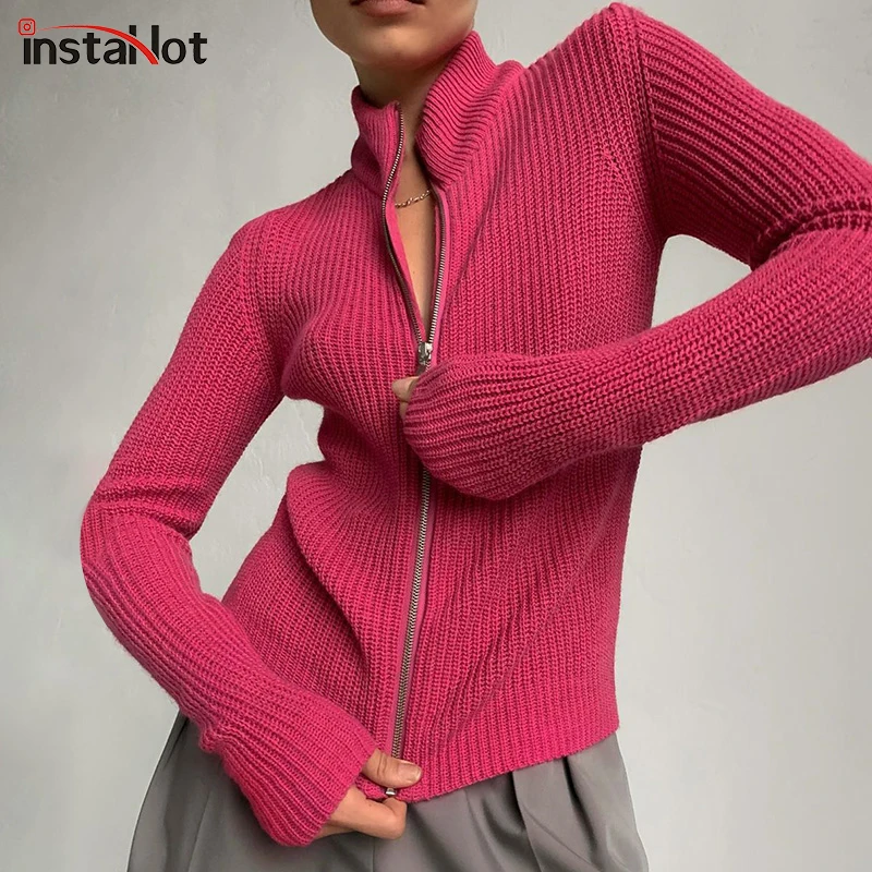

InstaHot Women Knitted Cardigans Long SLeeve Zipper Up Slim Vintage Casual Streetwear Elegant Solid Autumn Tops Sweaters Jacket