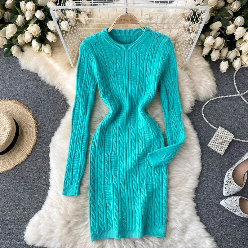 

Croysier 2021 Autumn Winter Women Crew Neck Long Sleeve Warm Cable Knit Sweater Dress Destroyed Detail Sexy Bodycon Mini Dress