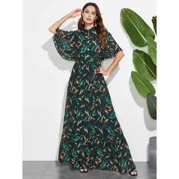 Women chiffon ruffle short Sleeve Print maxi Dress lace up waist gown Ramadan kaftan robe Islamic muslim abaya Jubah Djellaba 
Women chiffon ruffle short Sleeve Print maxi Dress lace up waist gown Ramadan kaftan robe Islamic muslim abaya Jubah Djellaba