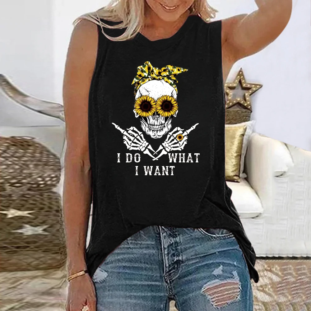 

Seeyoushy I Do What I Want Sunflower Skull Print Funny T-shirt Women Round Neck Tops Sleeveless Summer Loose Tee Shirt Femme