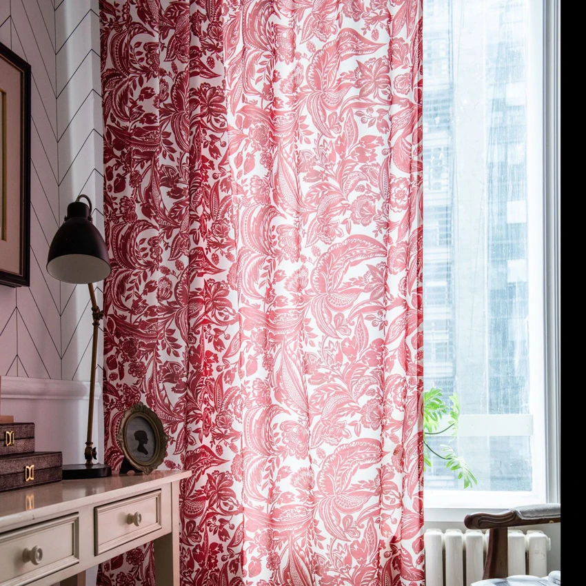 

Window Kitchen Curtain Red Baroque Style Small Cotton Linen Printing Living Room Semi-shading Bay Window Blackout Woven Hooks