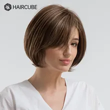 

HAIRCUBE Short Bob Blend Human Hair Wigs Dark Brown Mixed Blonde Highlight Straight Wig with Side Part Bangs Heat Resistant