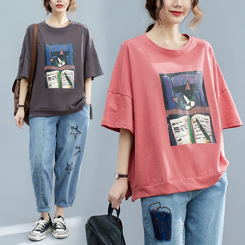 BIG SIZE Summer Women Fashion Kawaii Cat Pattern Tops Tee Ladies Female Plus Large Short Sleeve Loose Cotton Femme T shirt |