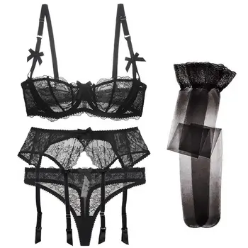 Luxury Half Cup Lace Transparent Ultra-thin Solid Lolita Style Bra and thong Set and Garter and Stocking 4 Pieces/Lots
Luxury Half Cup Lace Transparent Ultra-thin Solid Lolita Style Bra and thong Set and Garter and Stocking 4 Pieces/Lots