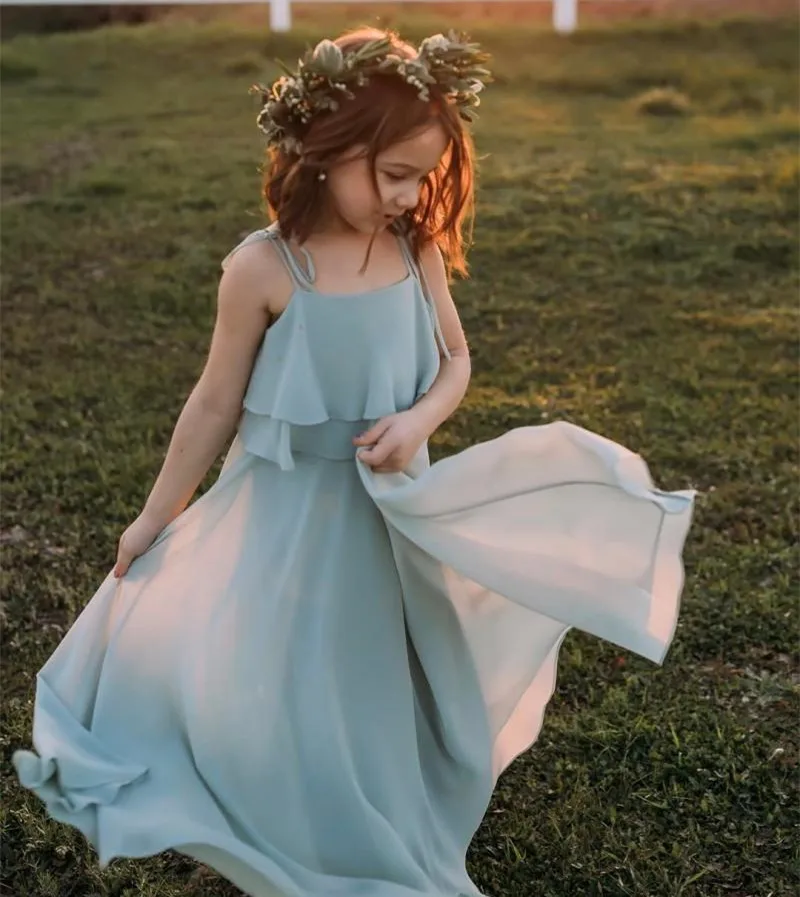 

Country Flower Girls Dress Chiffon Tiered Adjustable Straps A Line Floor Length Junior Bridesmaid Vestidos for Weddings