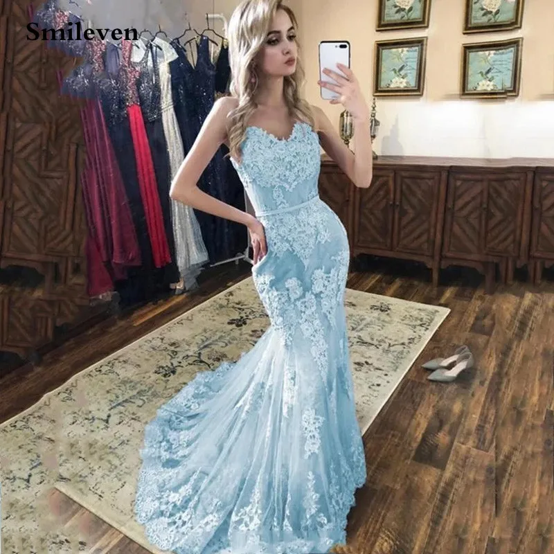 Light Sky Blue Lace Mermaid Prom Dresses Spaghetti Straps Evening Gown Applique Sweetheart Neck Long Backless Formal Party Gowns
Light Sky Blue Lace Mermaid Prom Dresses Spaghetti Straps Evening Gown Applique Sweetheart Neck Long Backless Formal Party Gowns