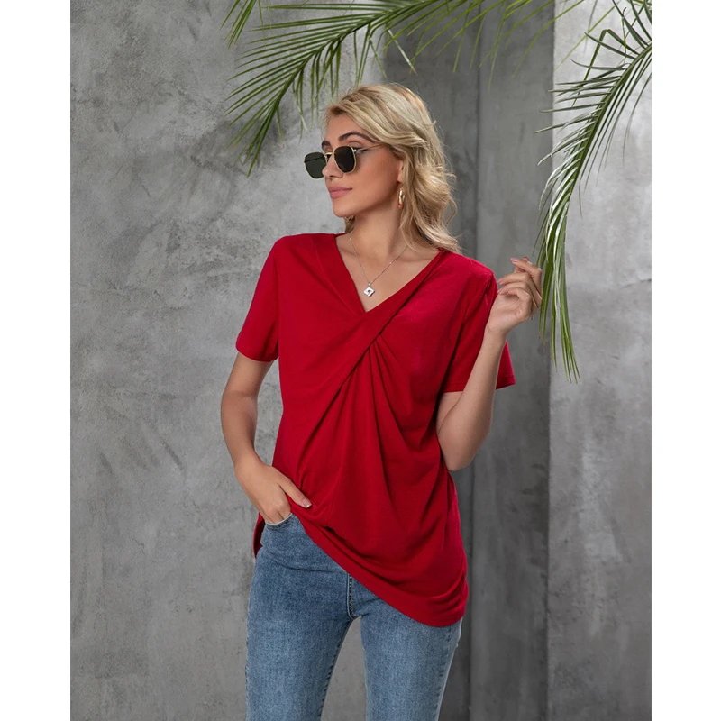 

Women Solid Color Knot Temperament T-Shirt New V-Neck Short Sleeve T-Shirts Fashion Summer All-Match Top Daily Commute Wear