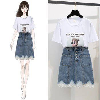 Summer Brief Print Latter Cotton T-Shirts Cute Girl Lace Jean Mini Bodycon Skirt Sweet Two Piece Female School Dress
Summer Brief Print Latter Cotton T-Shirts Cute Girl Lace Jean Mini Bodycon Skirt Sweet Two Piece Female School Dress