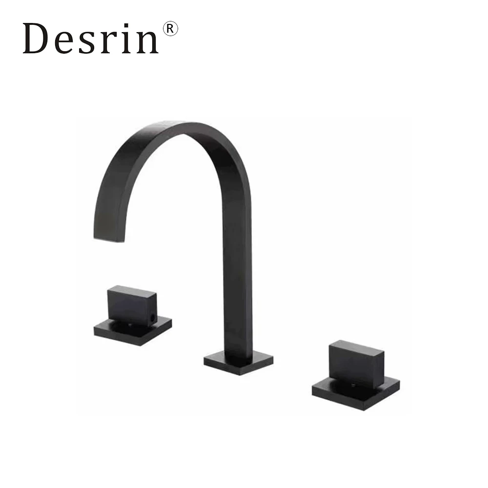 Desrin Modern Square Double Handle Three Holes Bathroom Matte Black Chrome Split Basin Faucet Hot Cold Water Mixer Tap
Desrin Modern Square Double Handle Three Holes Bathroom Matte Black Chrome Split Basin Faucet Hot Cold Water Mixer Tap