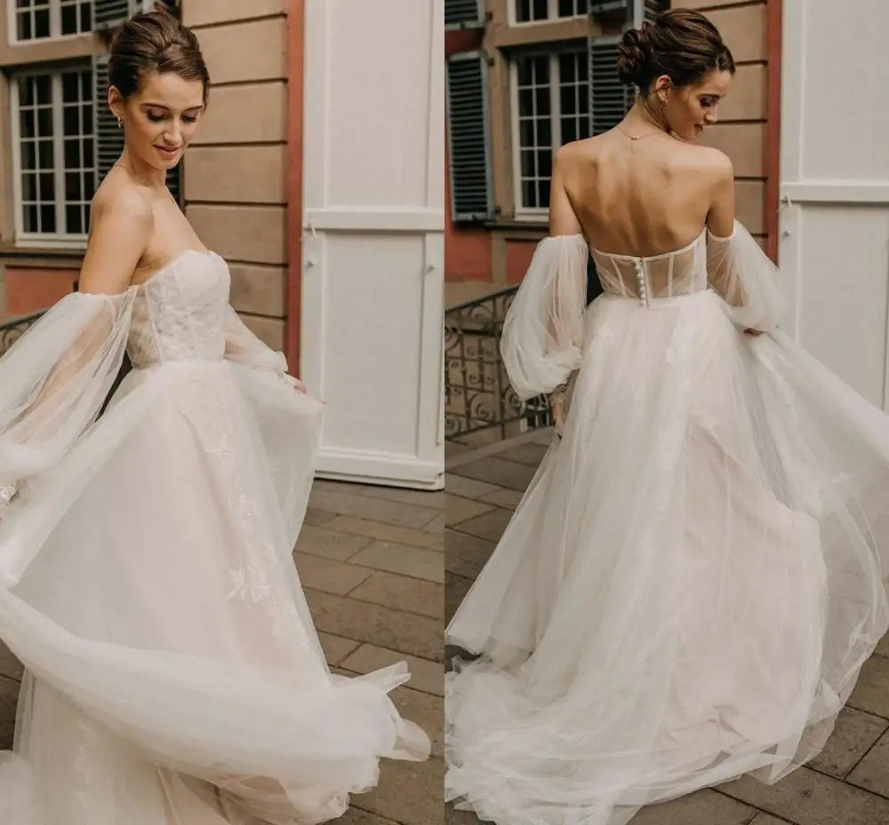 Wedding Dress Sweetheart Bohemian Long Puff Sleeve A-Line Bridal Gown Simple Lace Appliques Bridal Gowns Elegant For Women
Wedding Dress Sweetheart Bohemian Long Puff Sleeve A-Line Bridal Gown Simple Lace Appliques Bridal Gowns Elegant For Women