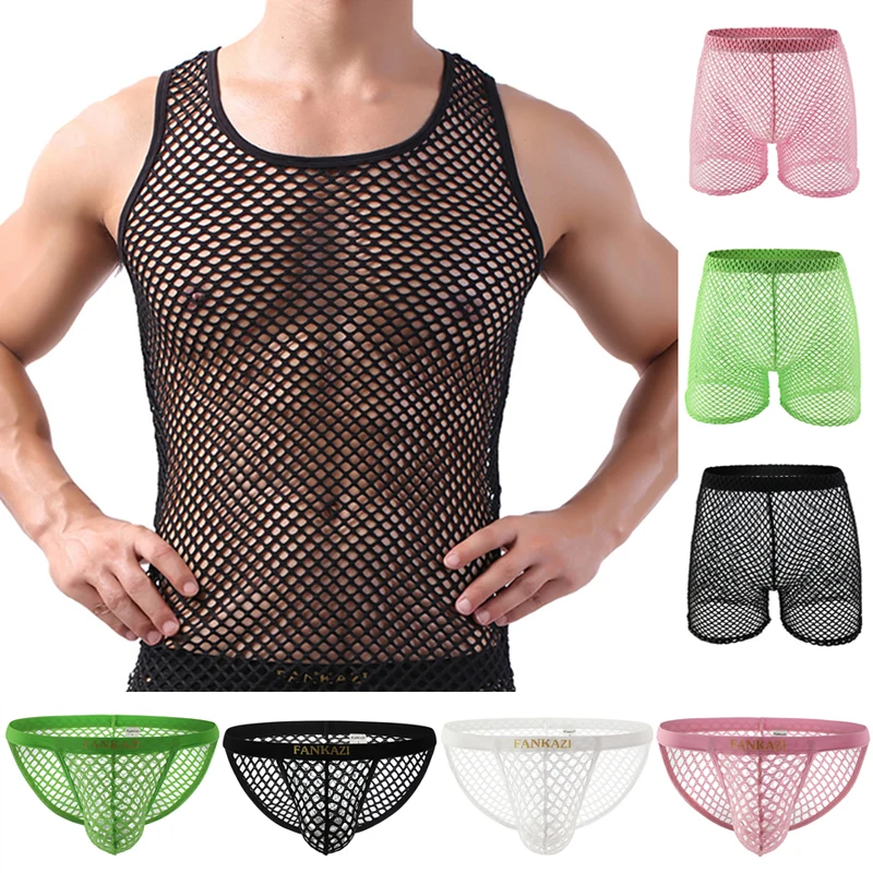 

Sexy Mens Underwear Set Tshirts Briefs Mesh Fishnet Transparent Tank Sport Fitness Casual Sleeveless Sleepwear Tops Tee Camiseta